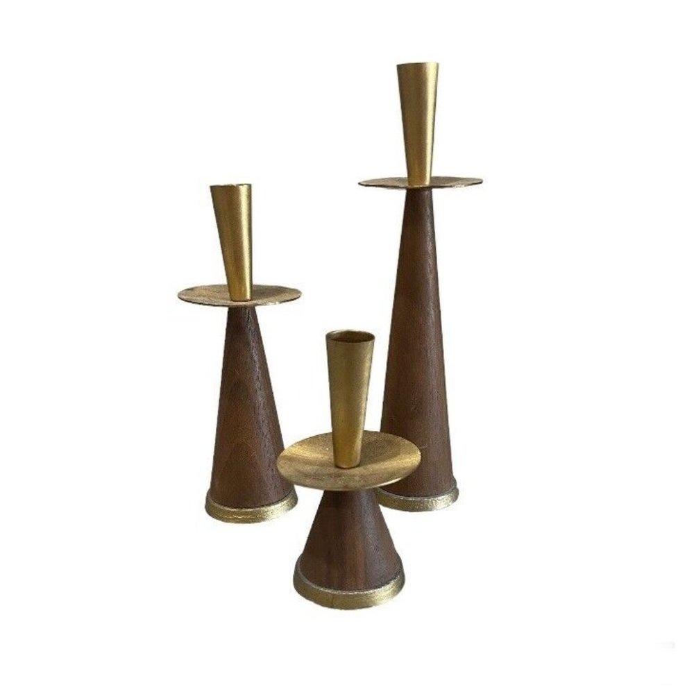 Vintage Brass & Wood Danish Candlestick Holders MCM Cottagecore
